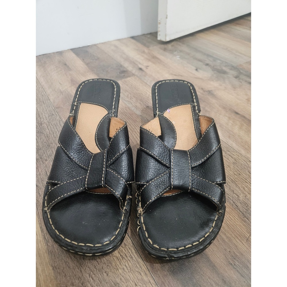 Born Black Leather Wedge Sandals Slide‎ Knotted Straps W3372 Womens 9 EU 40.5